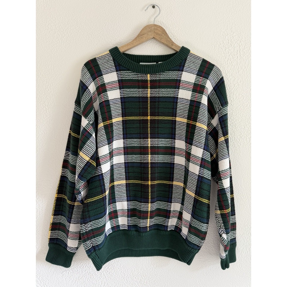 IZOD Men's Large 100% Cotton Vintage Green Yellow White Plaid Pullover Sweater